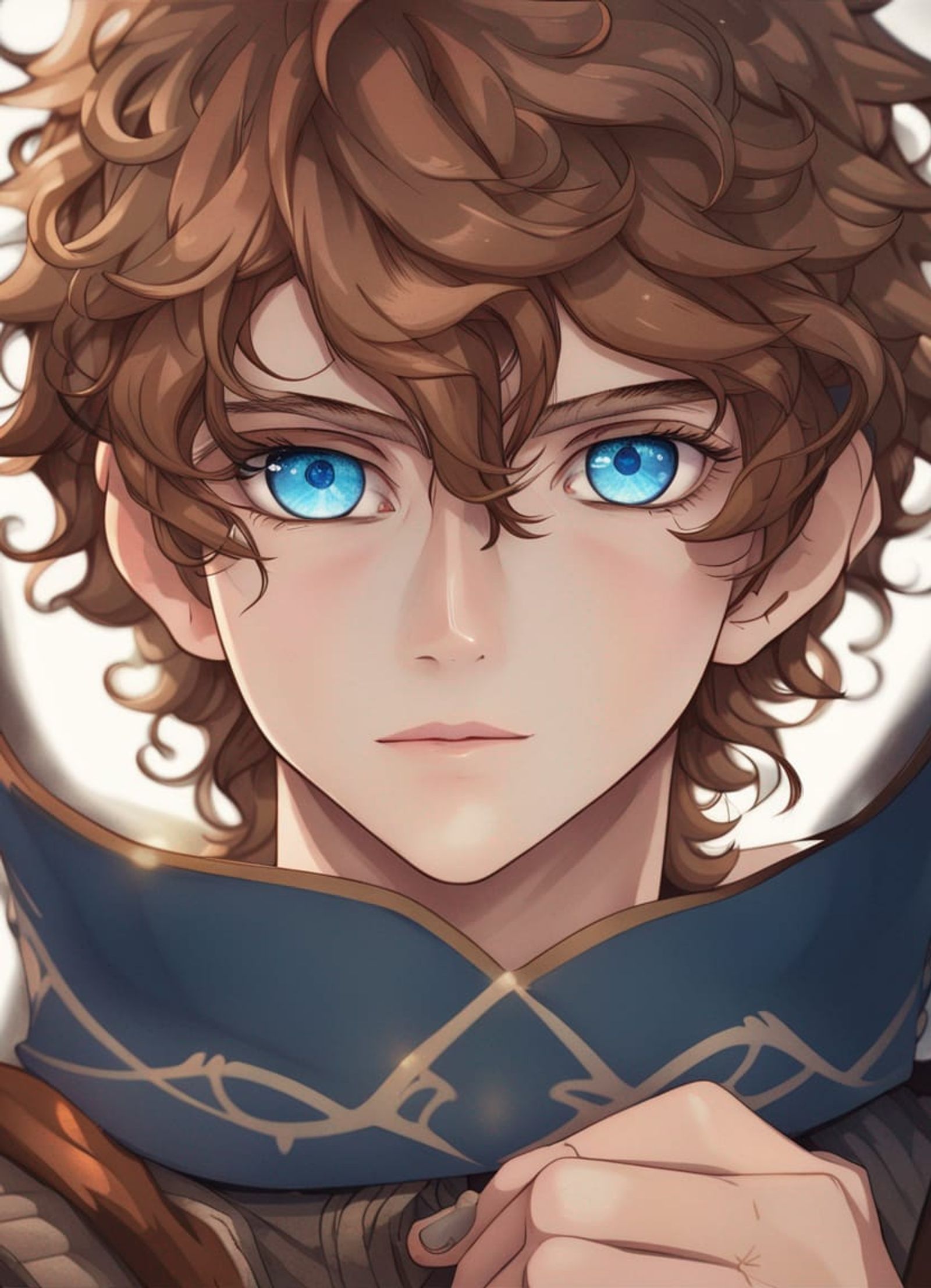 anime, fantasy medieval, boy, curly, chestnut brown hair, blue